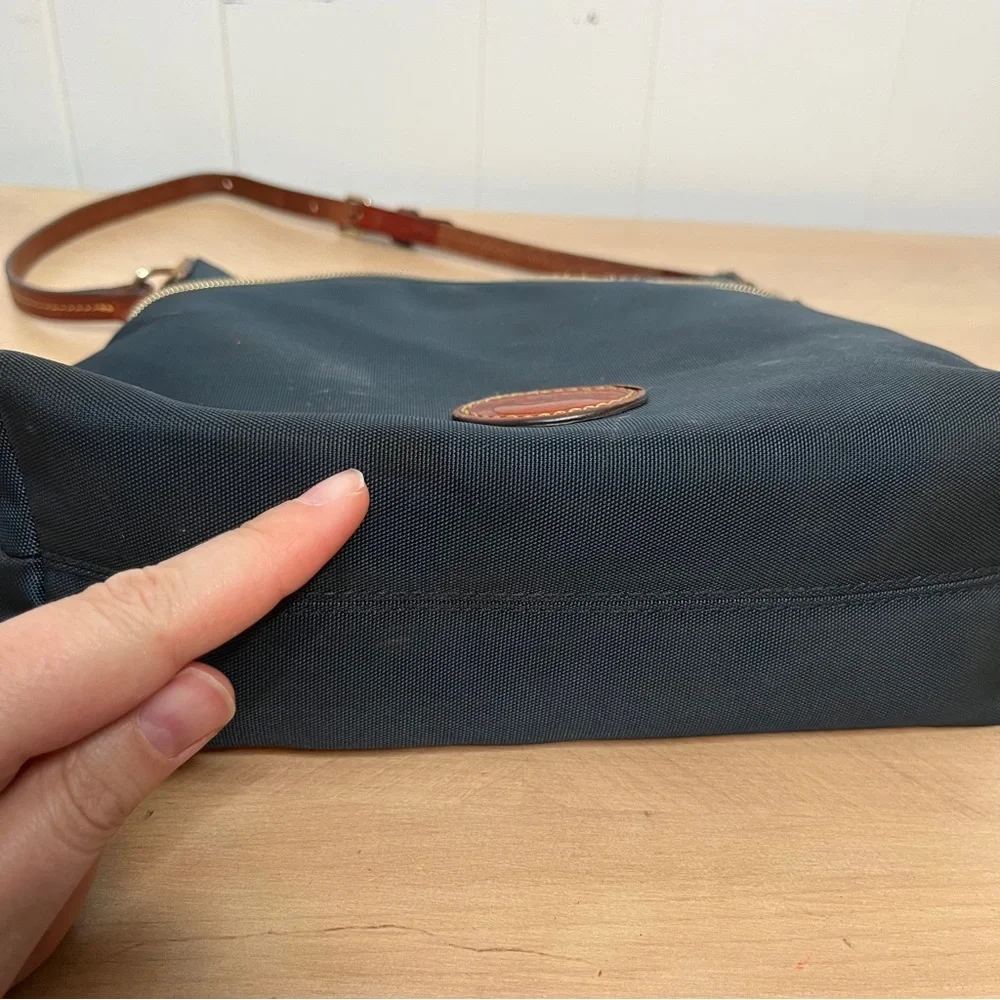 Dooney & Burke Blue Nylon Crossbody Bag with Brown Leather Details Zip Closure